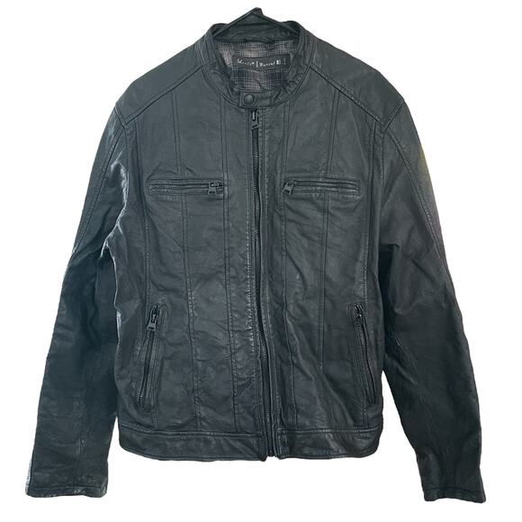 Levis's Capital E black leather biker motorcycle mens's jacket plaid linedsz L